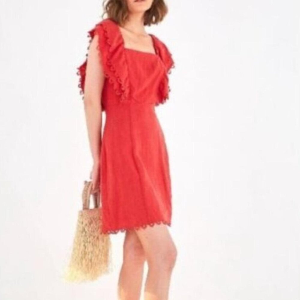 Farm Rio Red Cherry Mini 100% linen dress with ruffle straps and back tie size M